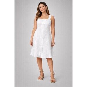 Yuvita White Linen Sleeveless Pleated Short Midi Dress Flowy Coastal Summer 6